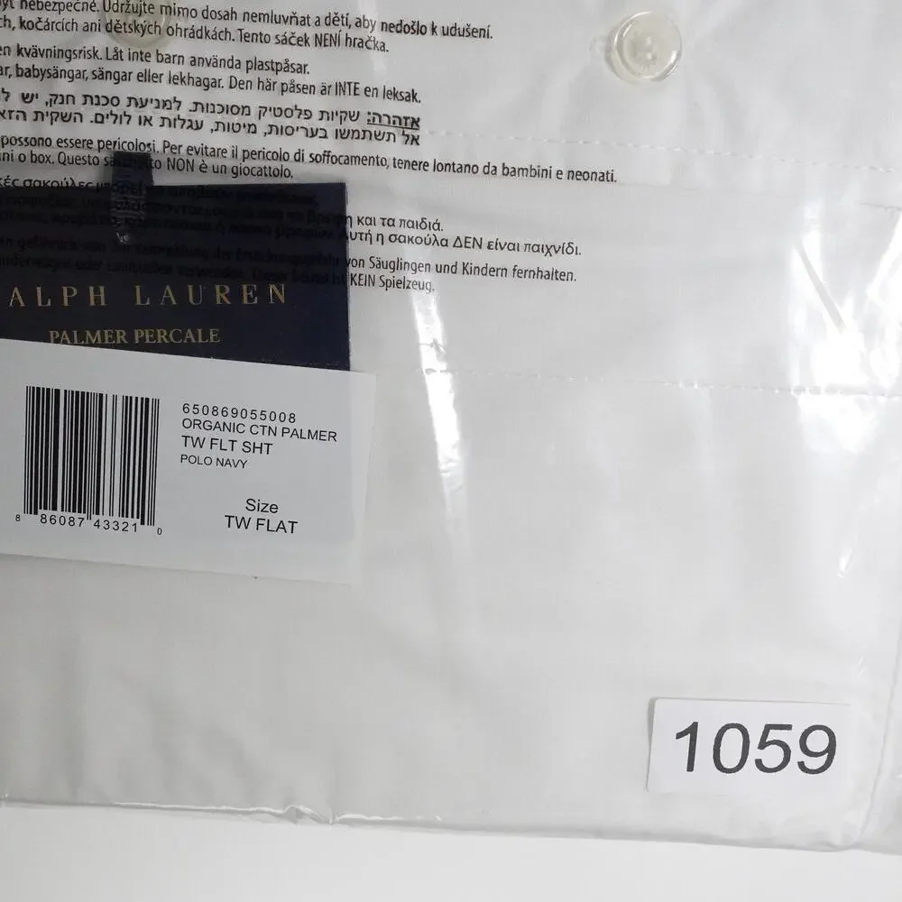 New Ralph Lauren Organic Cotton Percale Palmer Twin Flat Sheet White/Polo Navy
